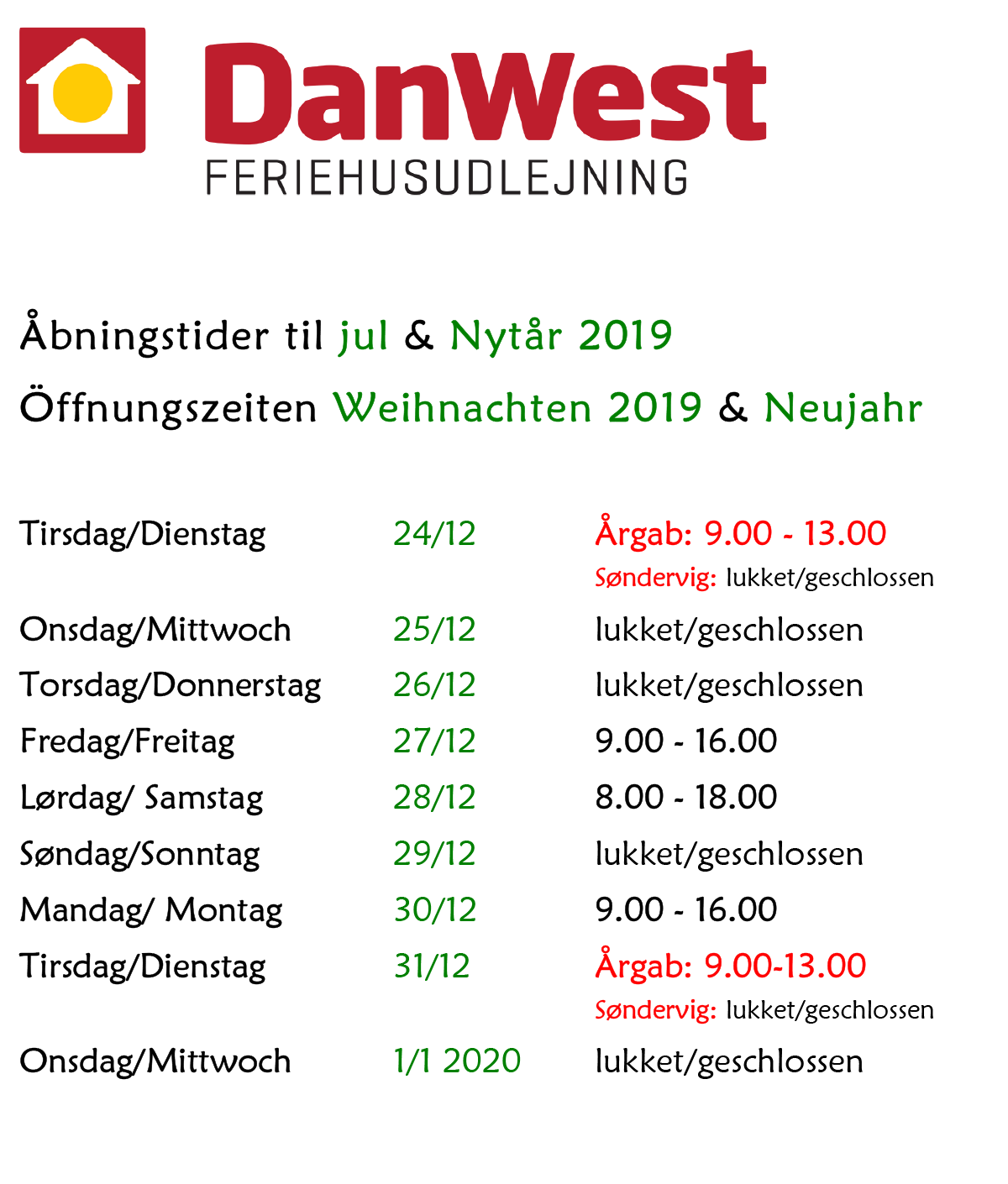 DanWest Öffnungszeiten Weihnachten 2019